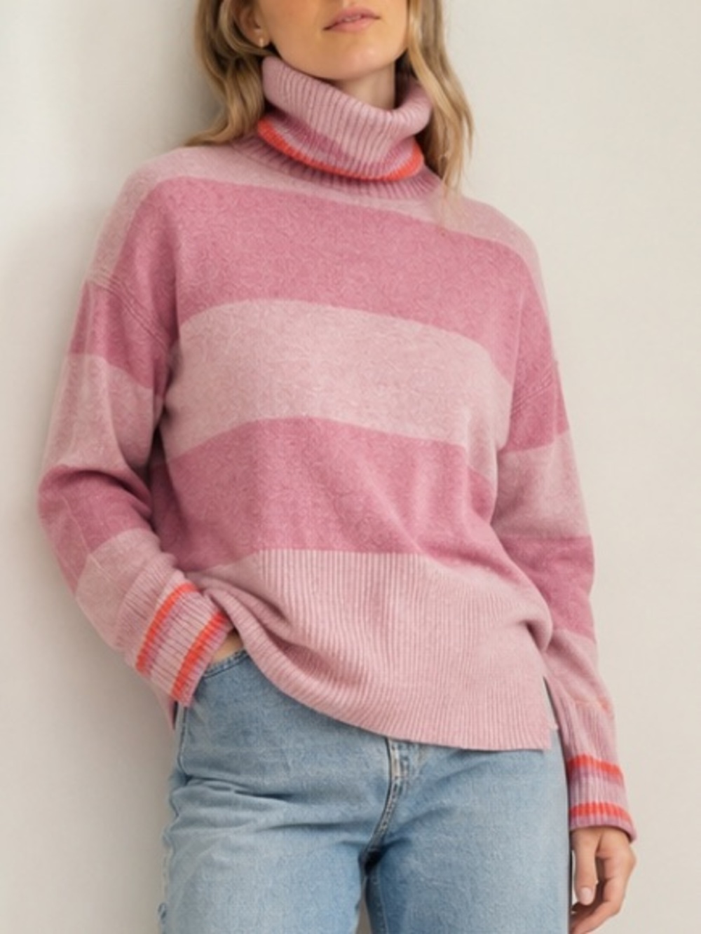 J.Crew XS Supersoft Merino Wool Alpaca Striped Turtleneck Sweater Pink